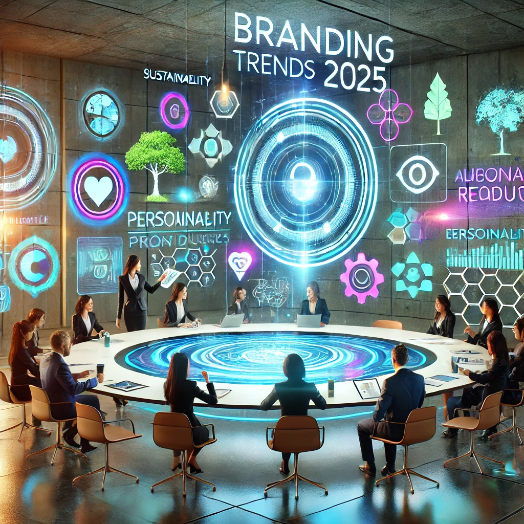 Escena futurista de las tendencias en branding para 2025, con logotipos innovadores, hologramas de productos y elementos visuales que destacan sostenibilidad, personalización y experiencias inmersivas. Profesionales colaboran en un espacio de trabajo moderno con interfaces de realidad aumentada y hologramas que presentan conceptos de rebranding y diseños ecológicos.