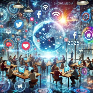 Representación futurista de las tendencias en redes sociales para 2025, con hologramas de plataformas sociales, contenido de video corto, transmisiones en vivo, interacciones de realidad virtual y filtros de realidad aumentada. Diversas personas están creando y compartiendo contenido en un entorno innovador con hashtags en tendencia, recomendaciones impulsadas por IA y entornos inmersivos.